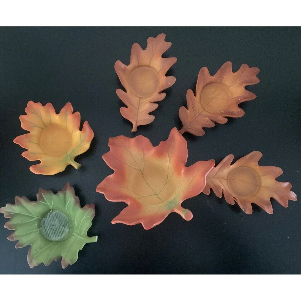PartyLite Whispering Leaves Candle Holders Fall Autumn 6 Pieces Bisque oak maple